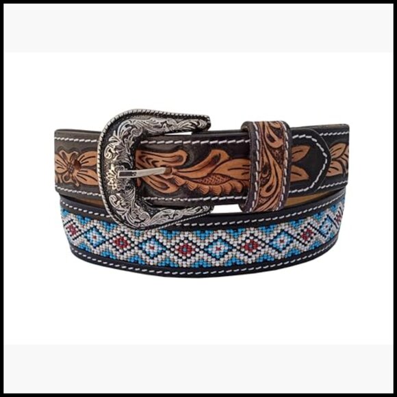 Genuine Leather Western Belt with Handtooled Design and Beads main image 5